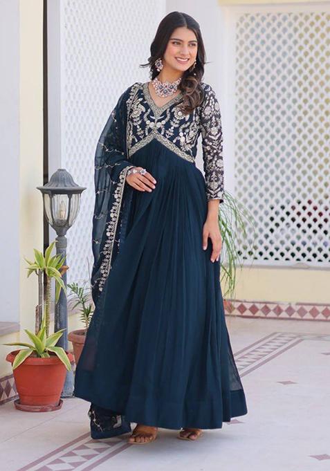 Teal Blue Sequin Embroidered Faux Georgette Anarkali Set With Dupatta