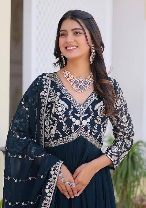 Teal Blue Sequin Embroidered Faux Georgette Anarkali Set With Dupatta