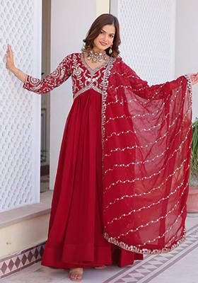 Red Sequin Embroidered Faux Georgette Anarkali Set