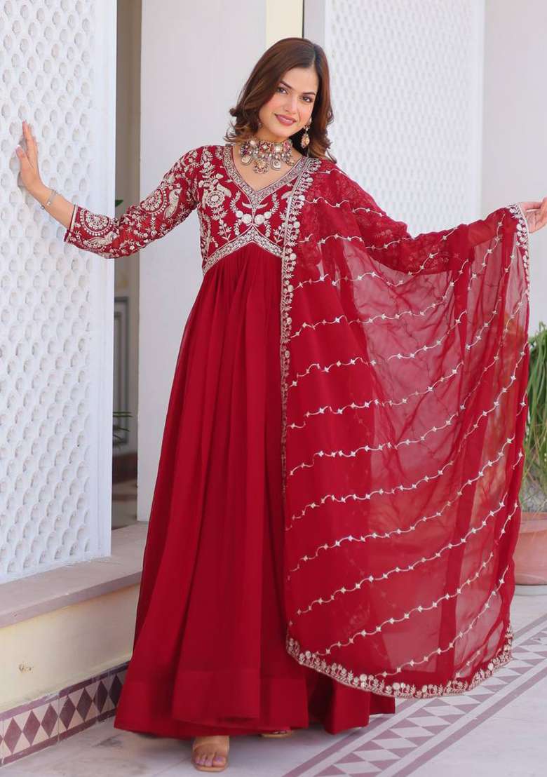 Red Embroidered Faux Blooming Anarkali Set - Indya