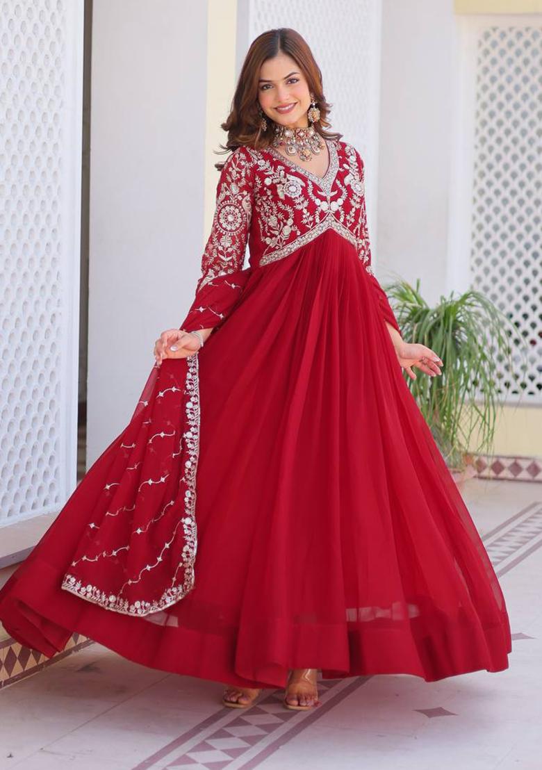 Red Sequin Embroidered Faux Georgette Anarkali Set