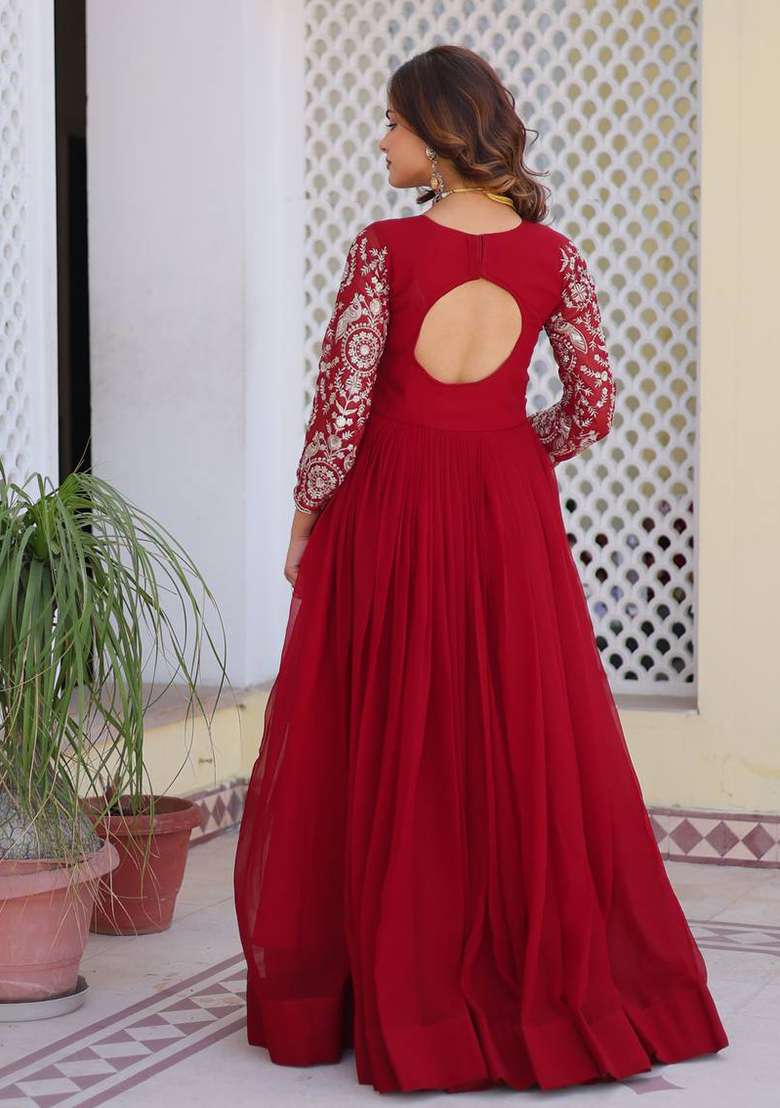 Red Embroidered Faux Blooming Anarkali Set - Indya