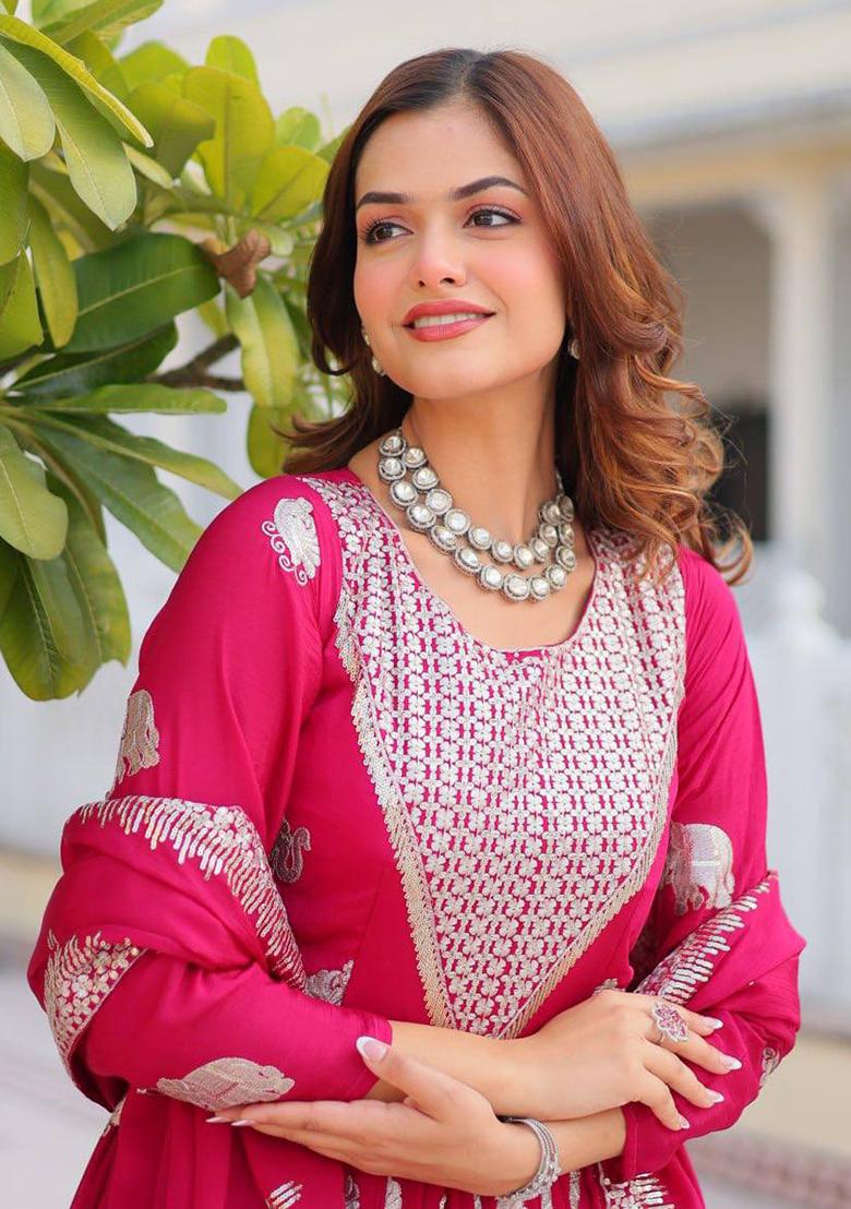 Magenta Sequin Embroidered Faux Georgette Anarkali Set