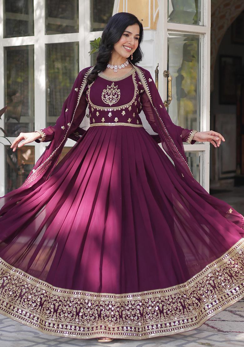 Wine Sequin Embroidered Georgette Anarkali Set