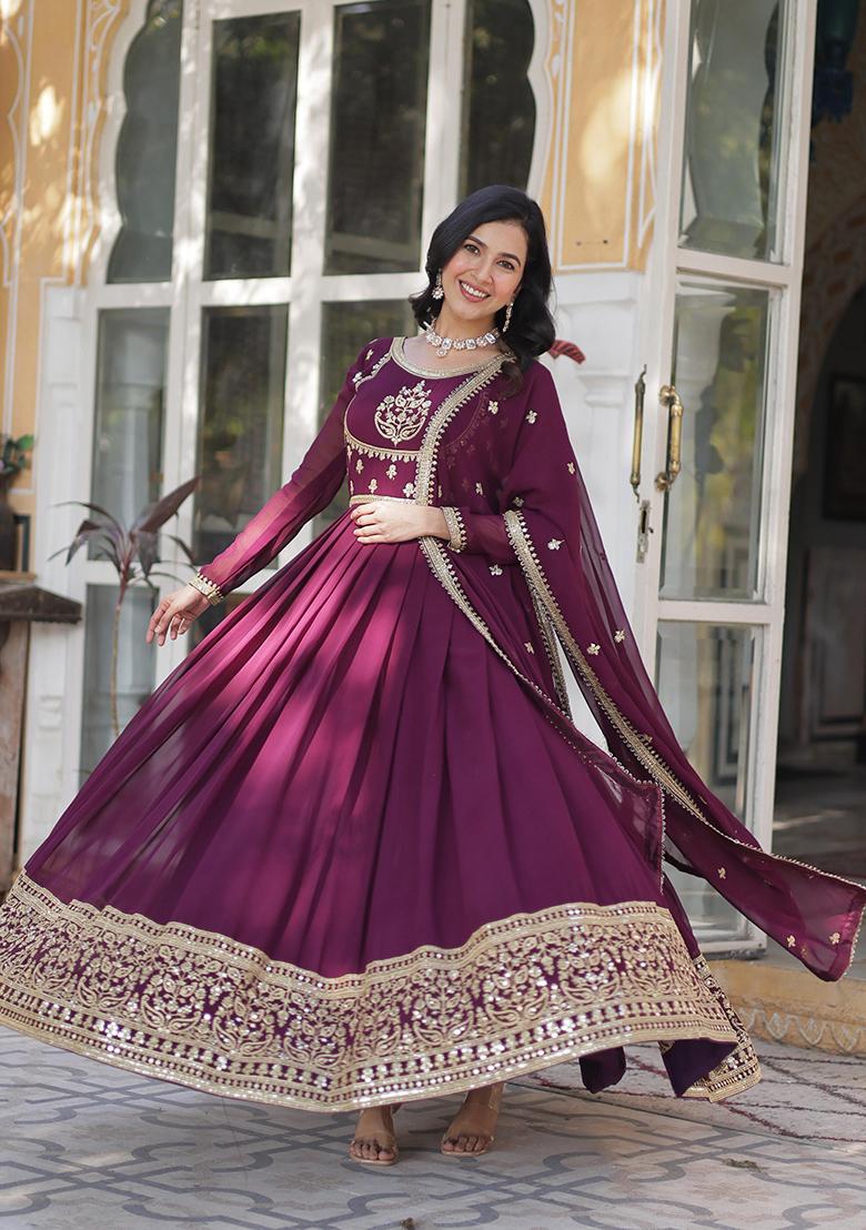 Wine Sequin Embroidered Georgette Anarkali Set