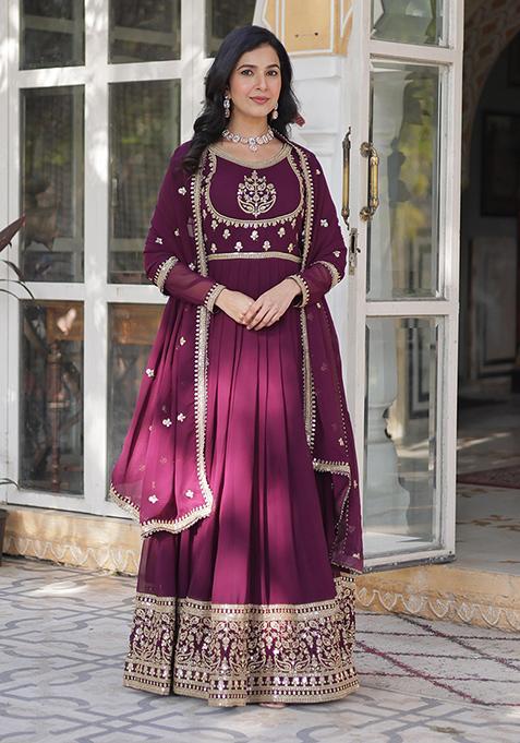 Wine Sequin Embroidered Georgette Anarkali Set