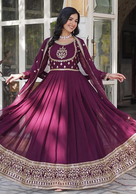 Wine Sequin Embroidered Georgette Anarkali Set
