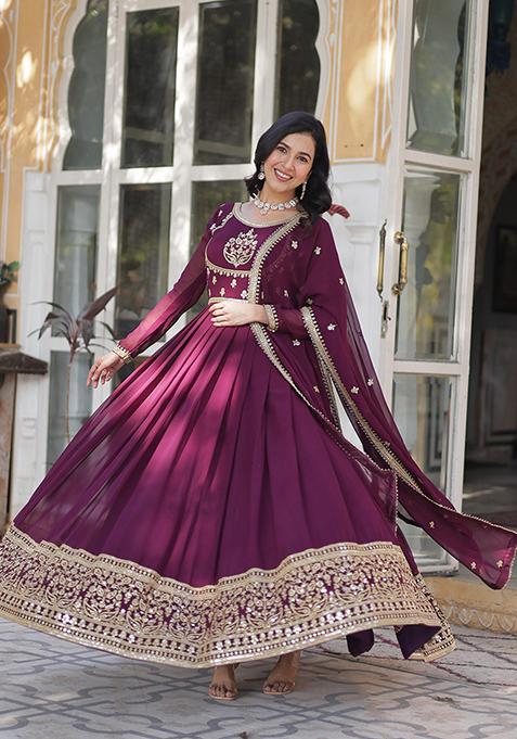 Wine Sequin Embroidered Georgette Anarkali Set