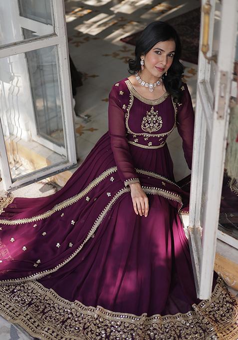 Wine Sequin Embroidered Georgette Anarkali Set