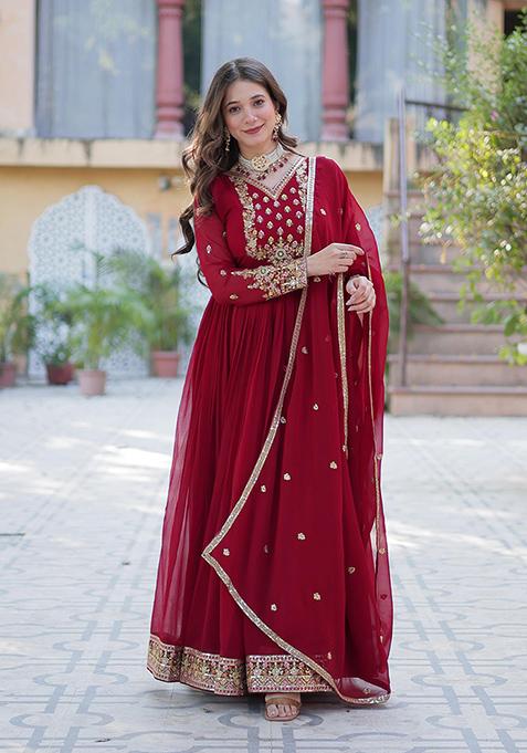 Maroon Sequin Embroidered Georgette Anarkali With Dupatta