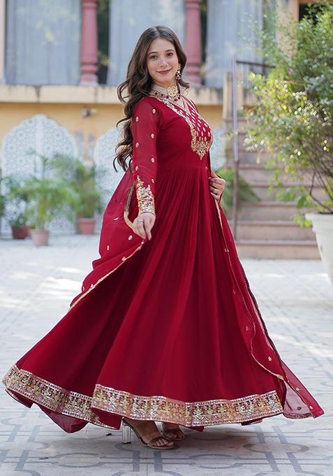 Maroon Sequin Embroidered Georgette Anarkali Set