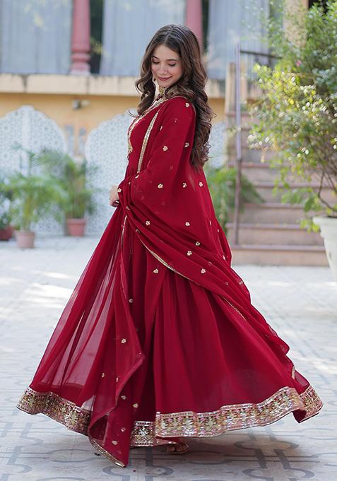 Maroon Sequin Embroidered Georgette Anarkali Set