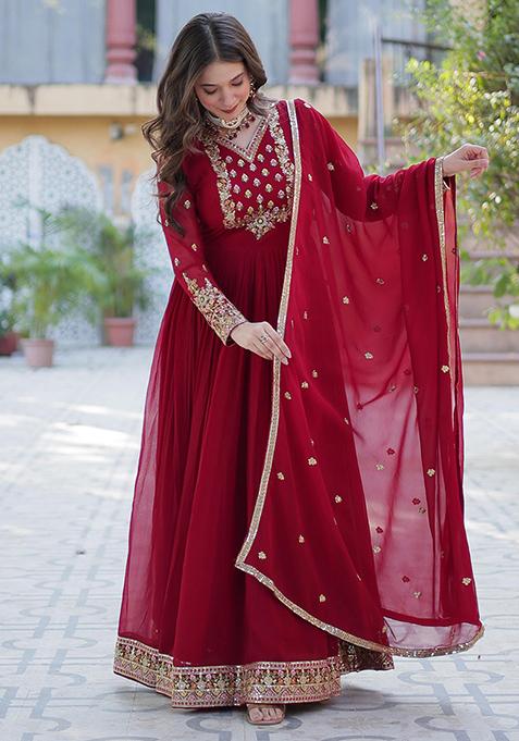 Maroon Sequin Embroidered Georgette Anarkali Set