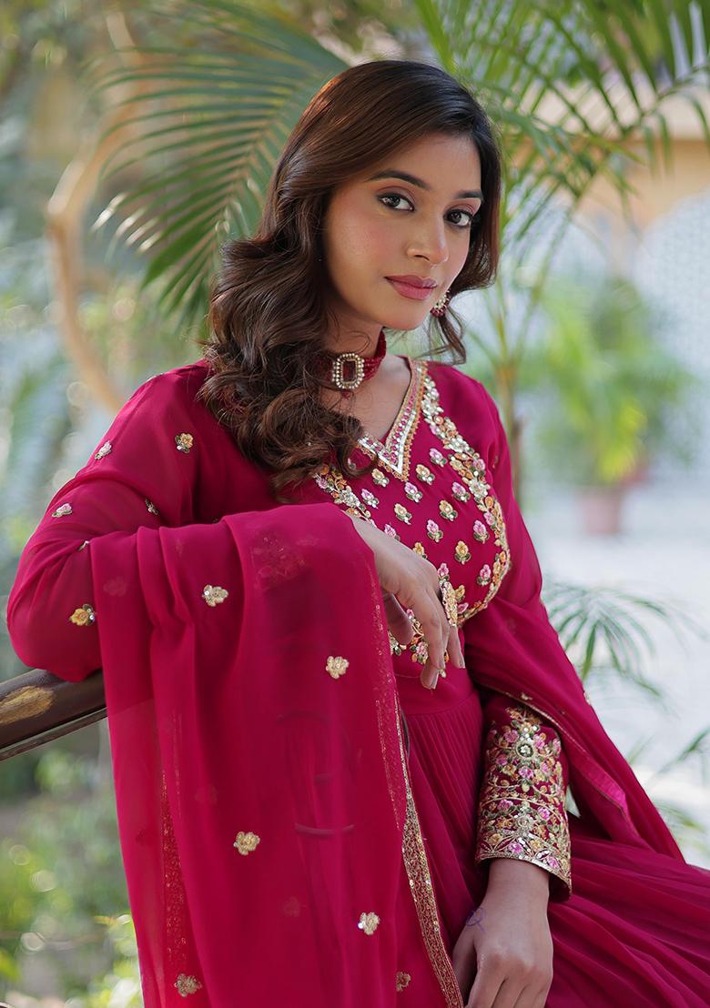 Rani Pink Sequin Embroidered Georgette Anarkali Set