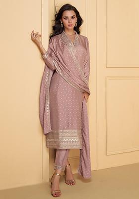Pink Woven Thread Embroidered Viscose Kurta Set