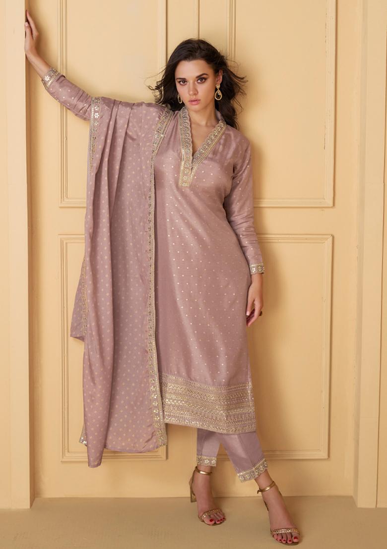 Pink Woven Thread Embroidered Viscose Kurta Set