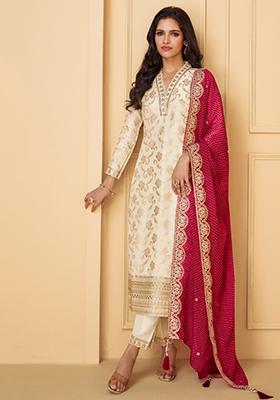 Off White Woven Thread Embroidered Viscose Kurta Set