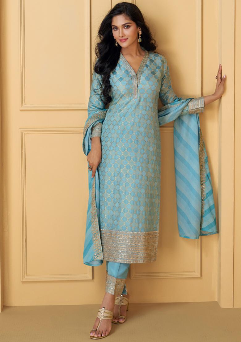 Sky Blue Woven Thread Embroidered Viscose Kurta Set