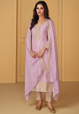 Lavender Woven Thread Embroidered Viscose Kurta Set