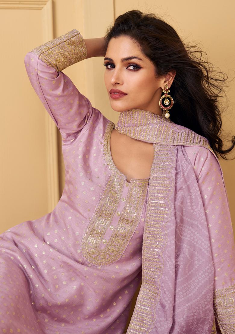 Lavender Woven Thread Embroidered Viscose Kurta Set