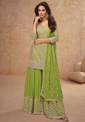 Light Green Sequin Thread Embroidered Chinon Kurta Set
