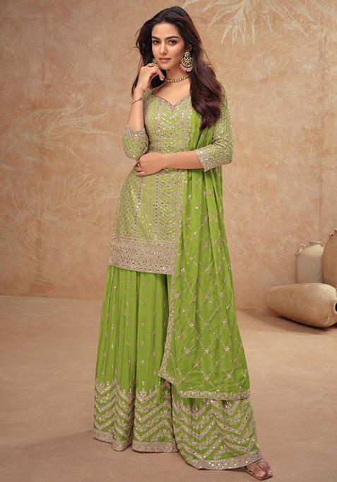 Light Green Sequin Thread Embroidered Chinon Kurta Set