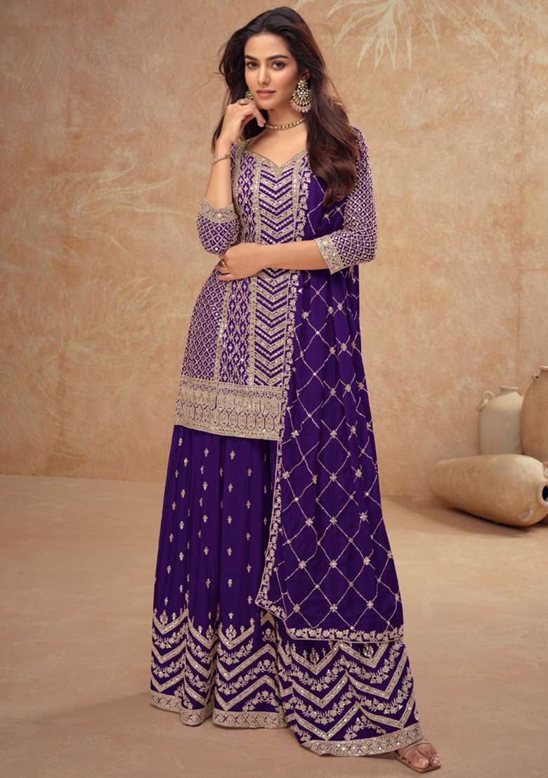Blue Sequin Thread Embroidered Chinon Kurta Set - Indya