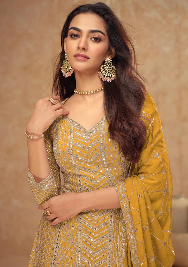 Yellow Sequin Thread Embroidered Chinon Kurta Set