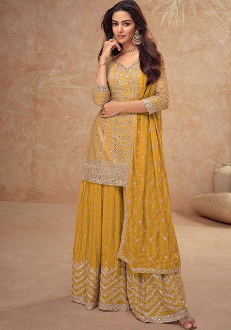 Yellow Sequin Thread Embroidered Chinon Kurta Set