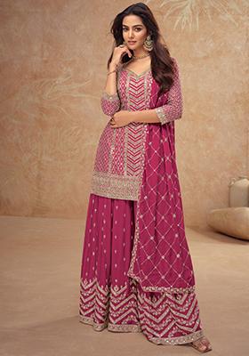 Pink Sequin Thread Embroidered Chinon Kurta Set