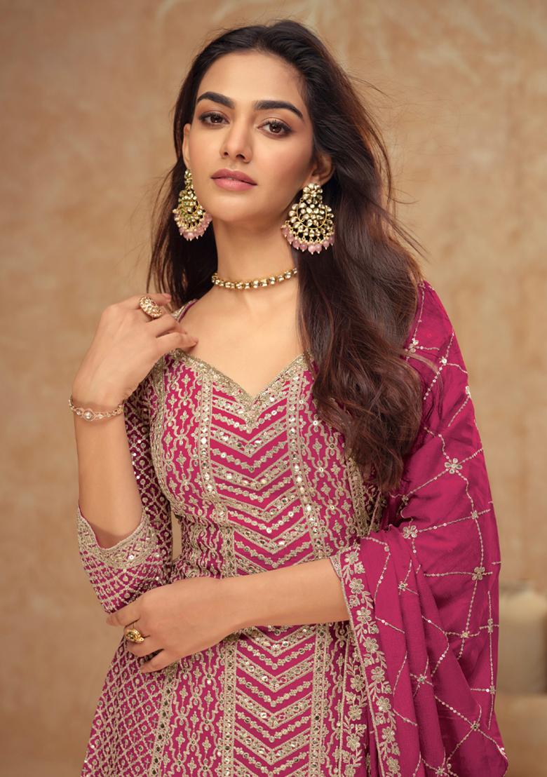 Pink Sequin Thread Embroidered Chinon Kurta Set