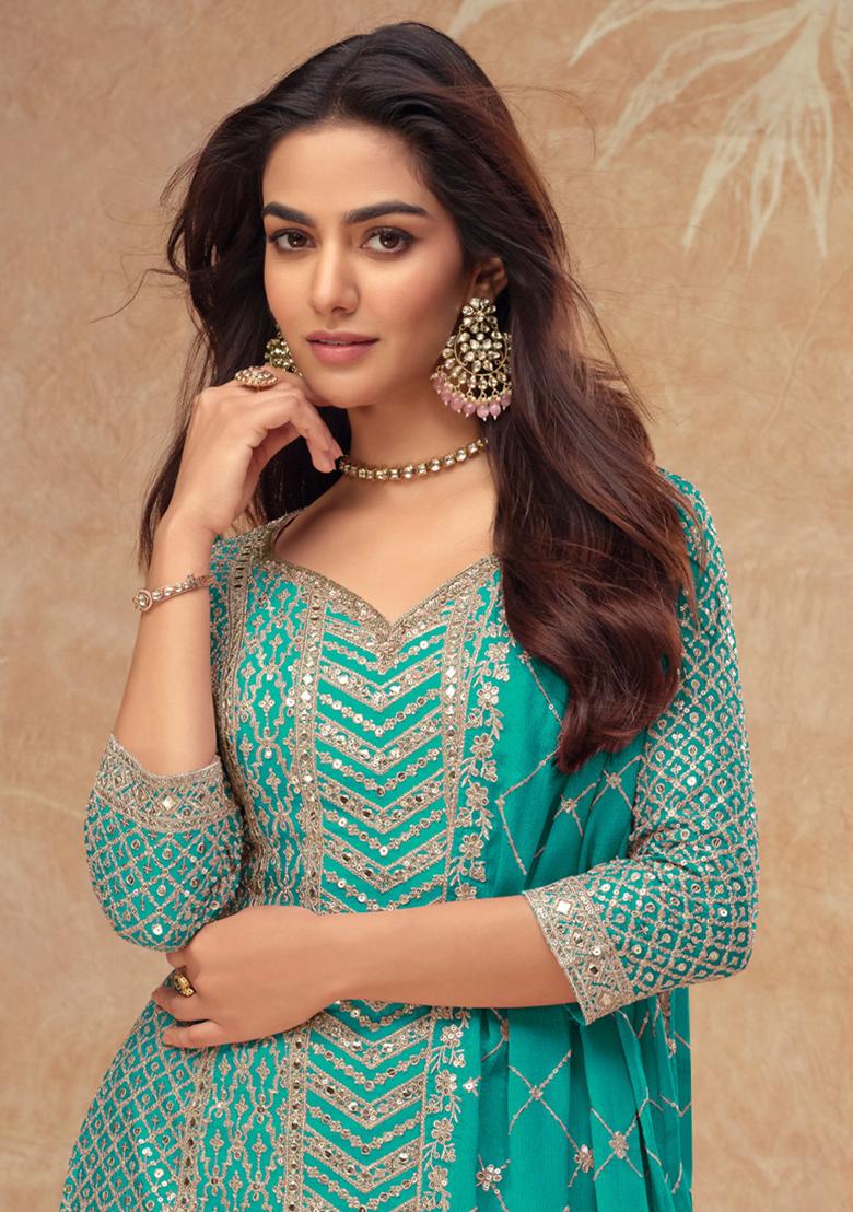 Firozi Sequin Thread Embroidered Chinon Kurta Set