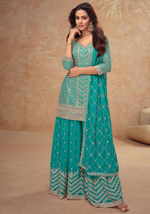 Firozi Sequin Thread Embroidered Chinon Kurta Set