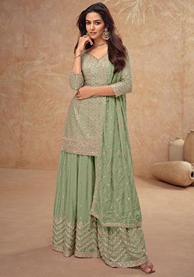 Mint Green Sequin Thread Embroidered Chinon Kurta Set