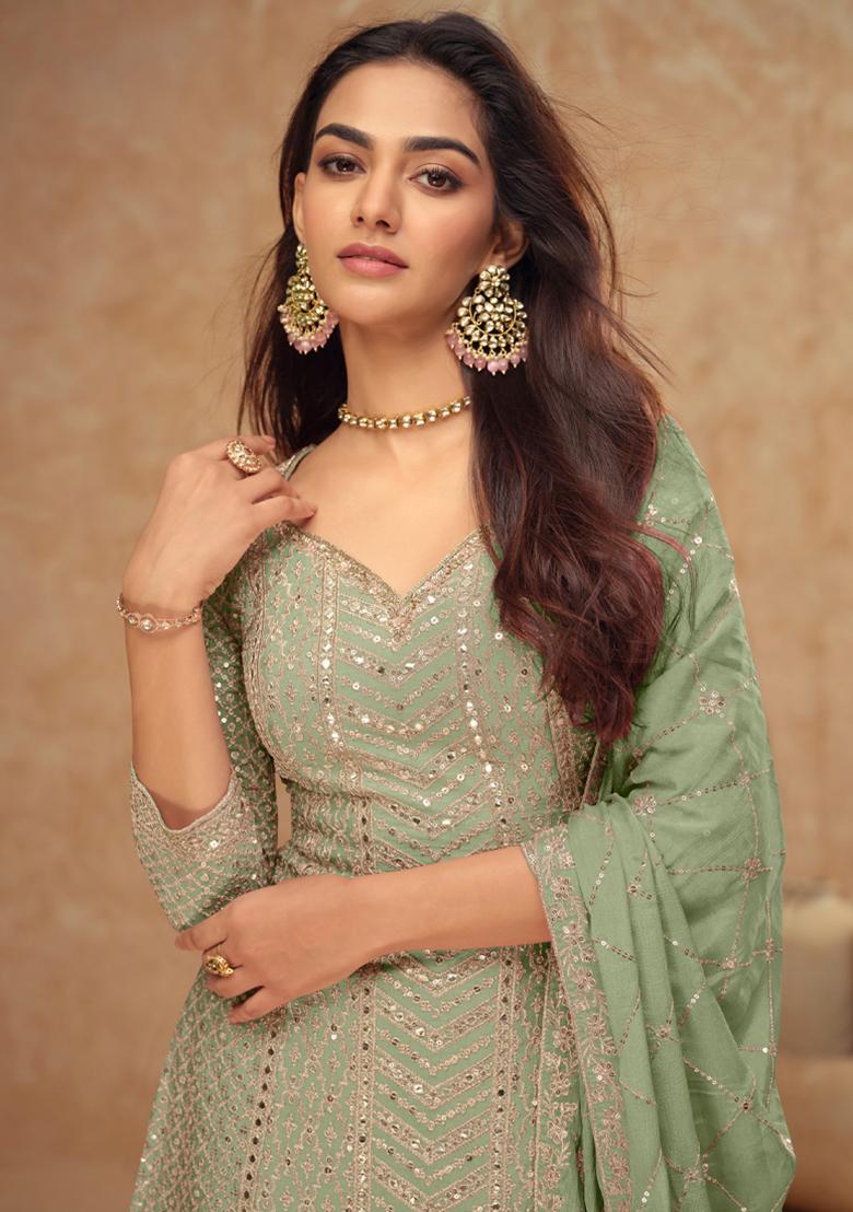 Mint Green Sequin Thread Embroidered Chinon Kurta Set