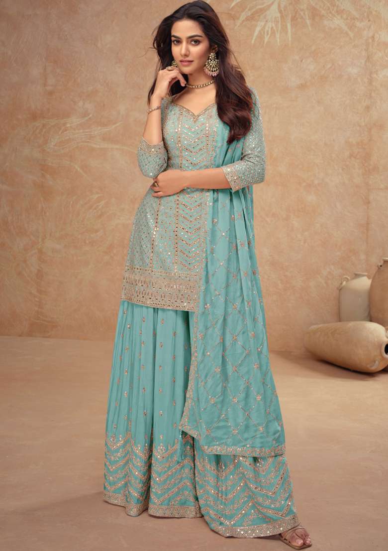 Sky Blue Sequin Thread Embroidered Chinon Kurta Set - Indya