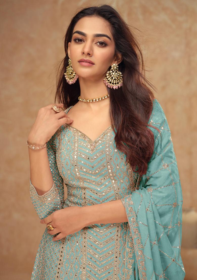 Sky Blue Sequin Thread Embroidered Chinon Kurta Set