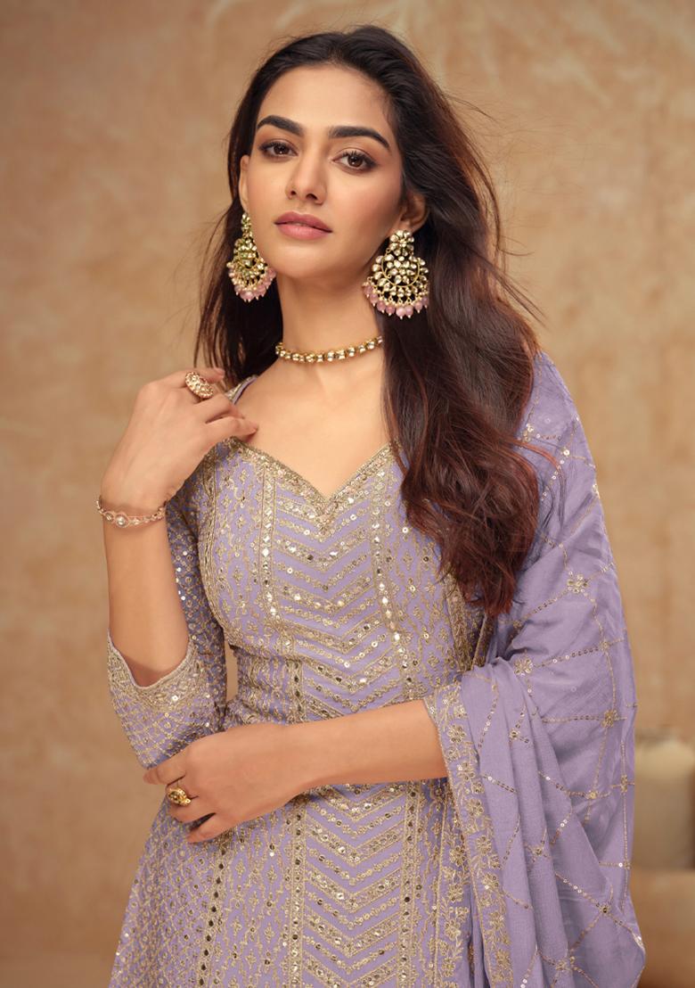 Violet Sequin Thread Embroidered Chinon Kurta Set