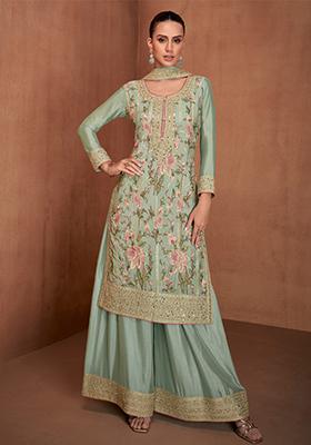Pista Green Sequin Thread Embroidered Chinon Kurta Set