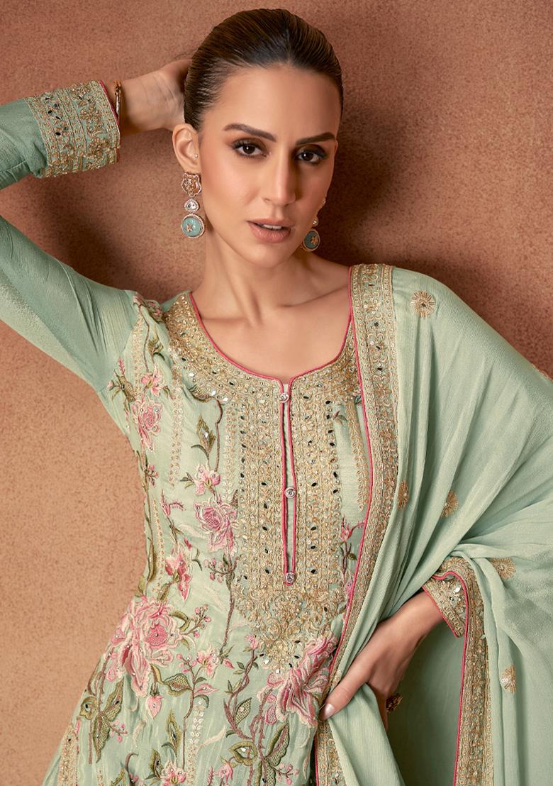 Pista Green Sequin Thread Embroidered Chinon Kurta Set
