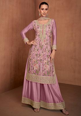 Pink Sequin Thread Embroidered Chinon Kurta Set