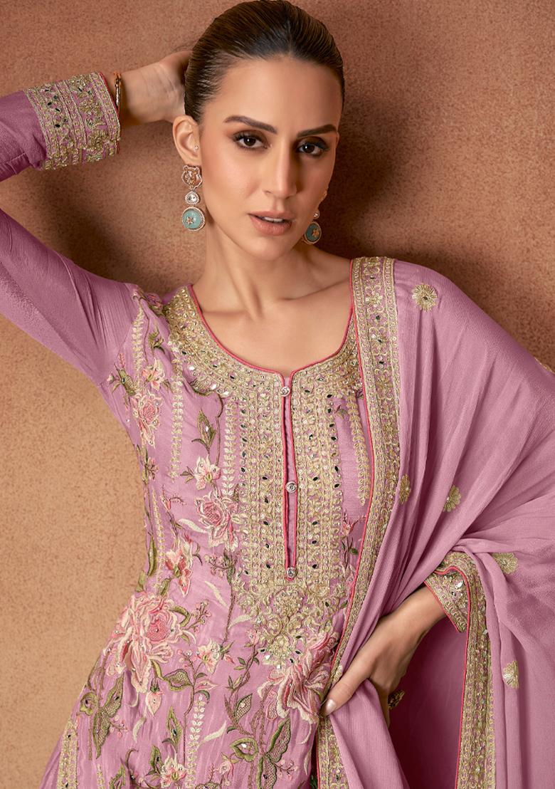 Pink Sequin Thread Embroidered Chinon Kurta Set