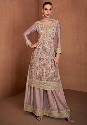 Beige Sequin Thread Embroidered Chinon Kurta Set