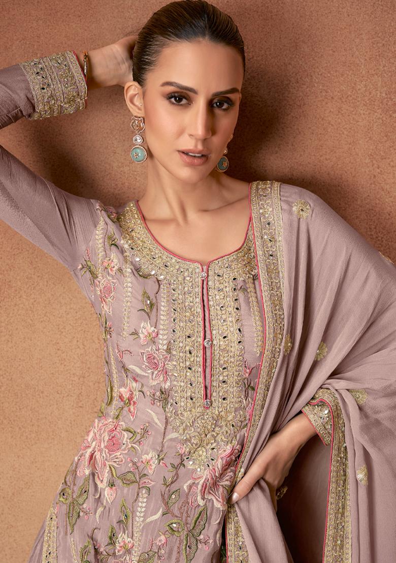 Beige Sequin Thread Embroidered Chinon Kurta Set
