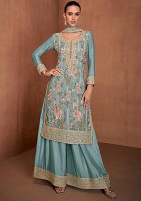 Sky Blue Sequin Thread Embroidered Chinon Kurta Set