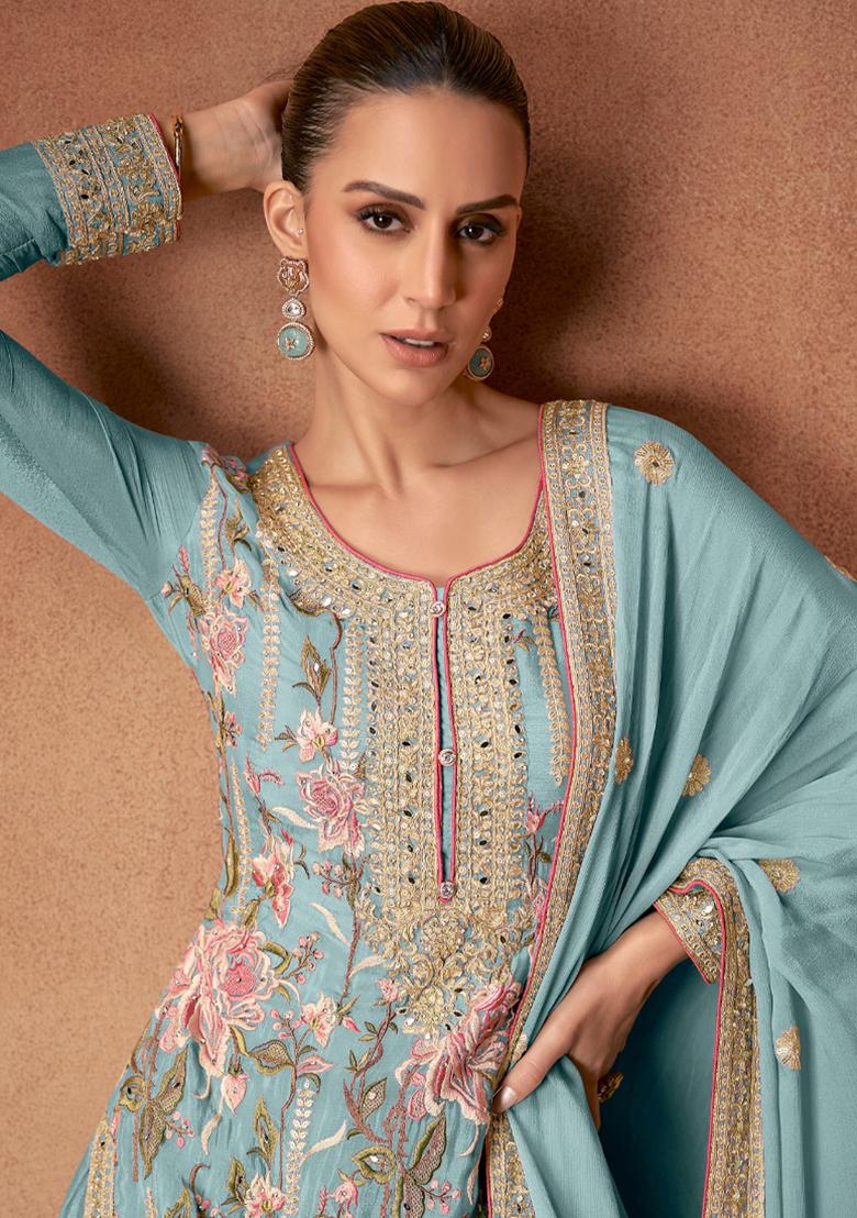 Sky Blue Sequin Thread Embroidered Chinon Kurta Set