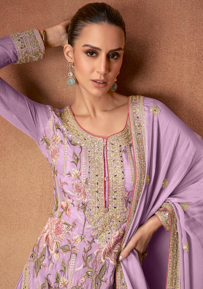 Lavender Sequin Thread Embroidered Chinon Kurta Set