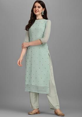 Turquoise Blue Sequin Embellished Poly Blend Kurta Set