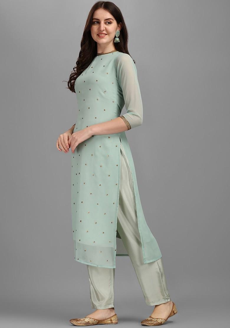 Turquoise Blue Sequin Embellished Poly Blend Kurta Set