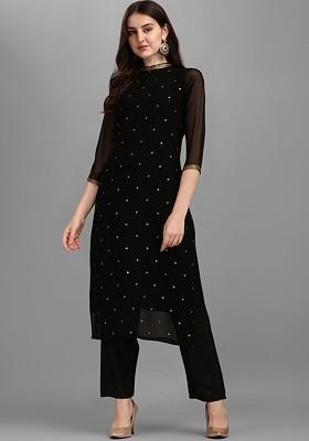 Black Floral Embellished Poly Blend Kurta Set
